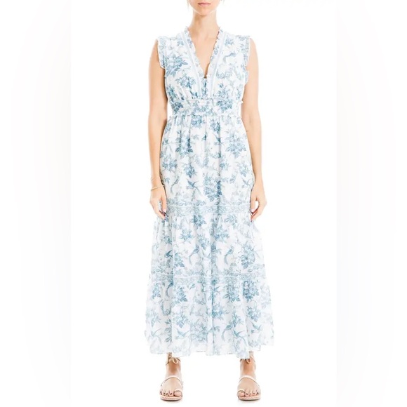 Max Studio Dresses & Skirts - Max Studio White Maxi Dress with Light Blue Floral Print